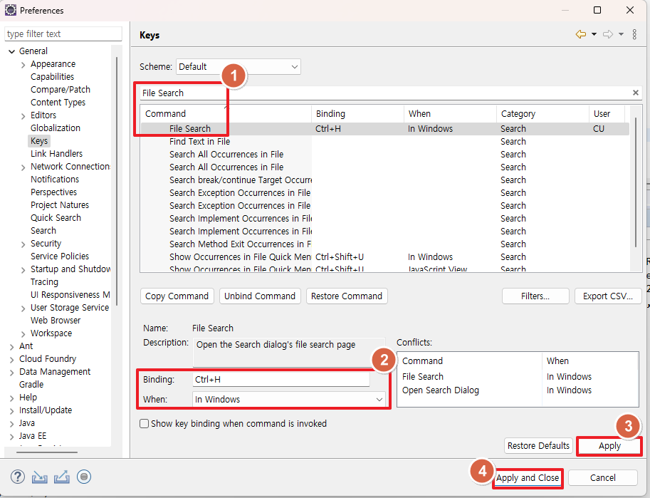 이클립스 파일 검색 방법: Ctrl+H 검색창 File Search 탭으로 고정하기 9 - Binding: Ctrl+H- When: In Windows